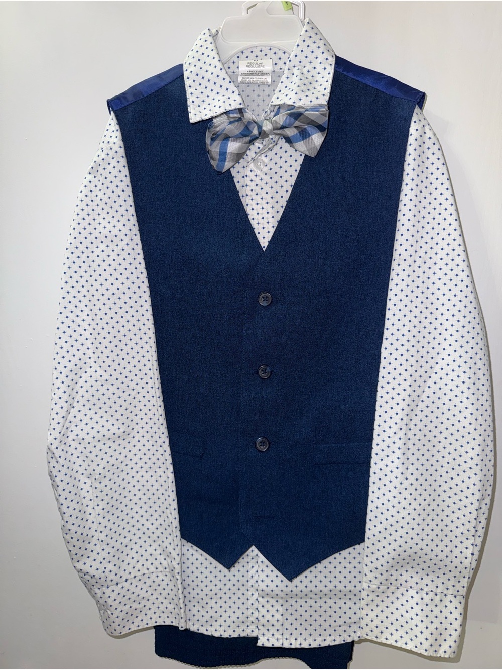Van Heusen Navy Vest with White Dotted Shirt and Blue Plaid Bow Tie